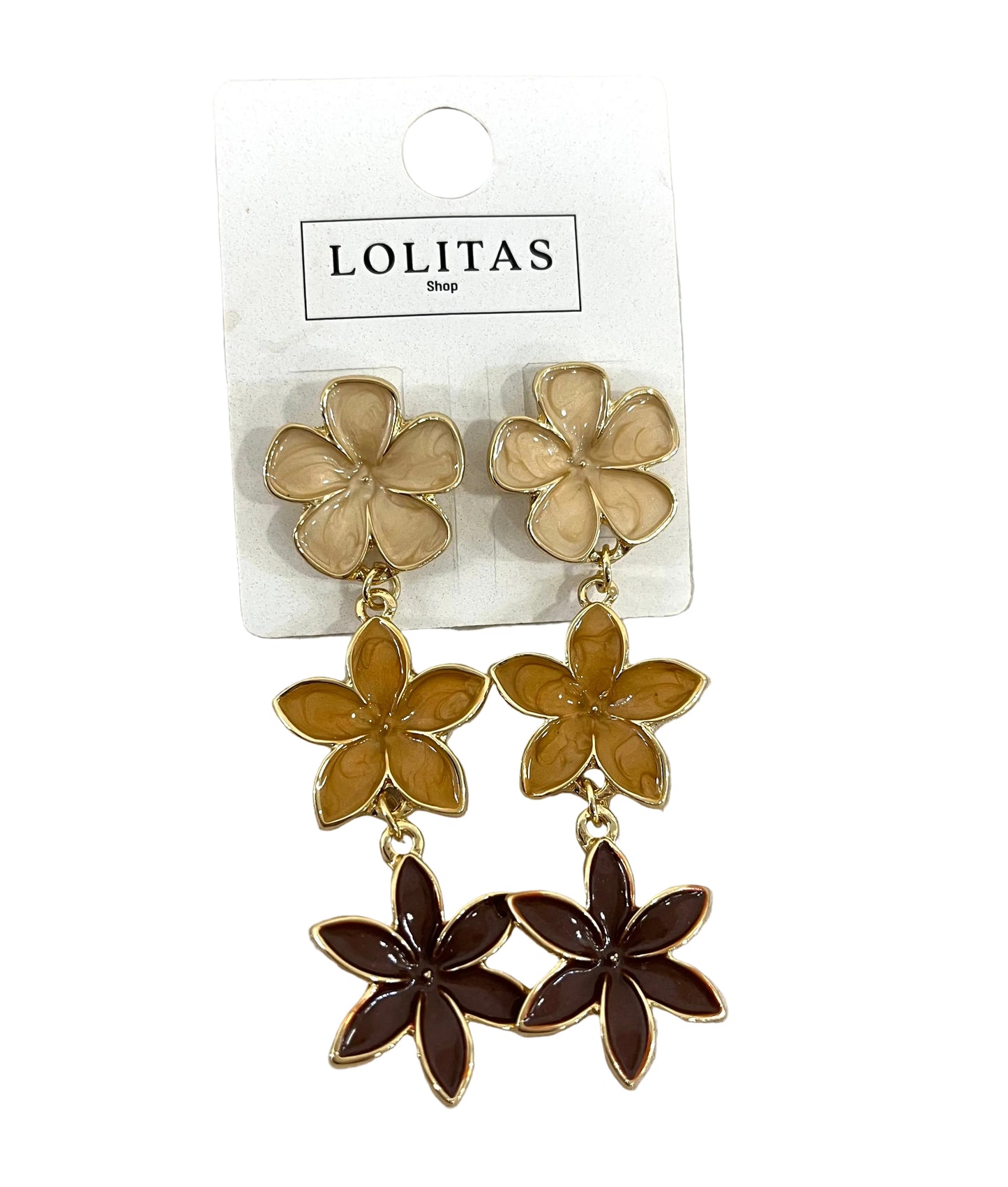 PENDIENTES TRES FLORES BEIGE, CAMEL Y MARRÓN