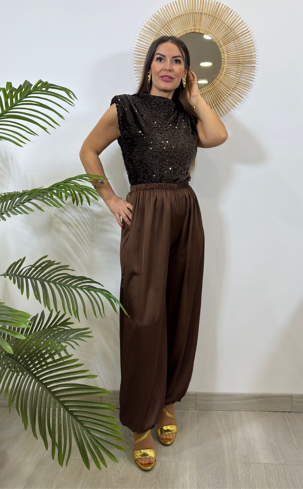 PANTALÓN BOMBACHO SATINADO MARRÓN