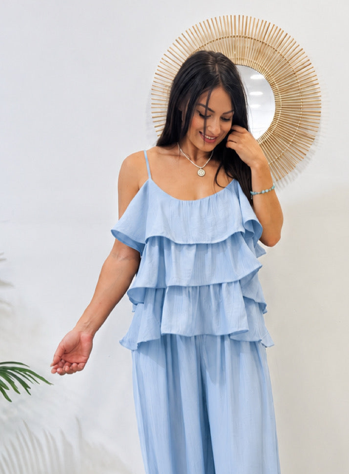 CONJUNTO PANTALÓN BOMBACHO TOP VOLANTES CELESTE
