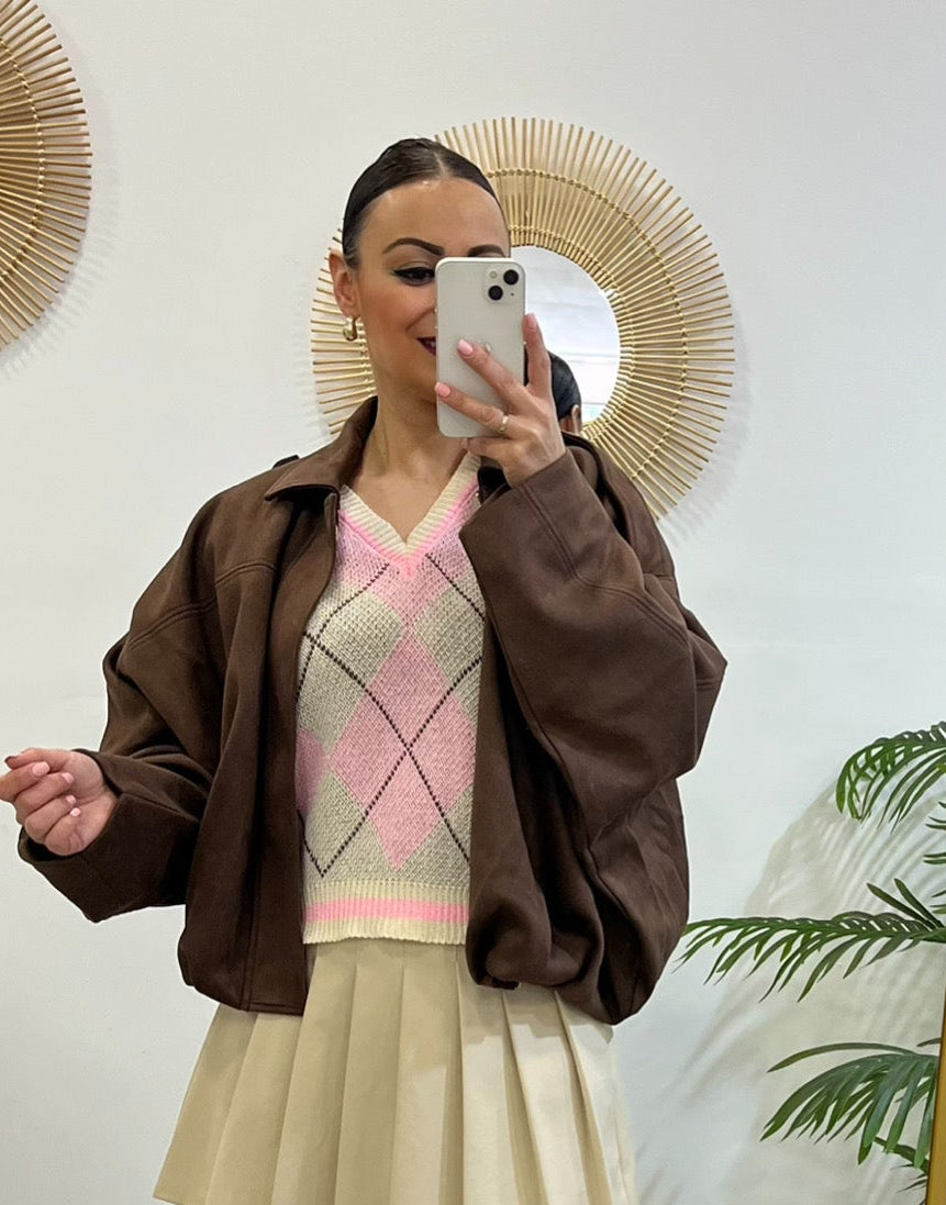 CHALECO ROMBOS ROSA/BEIGE