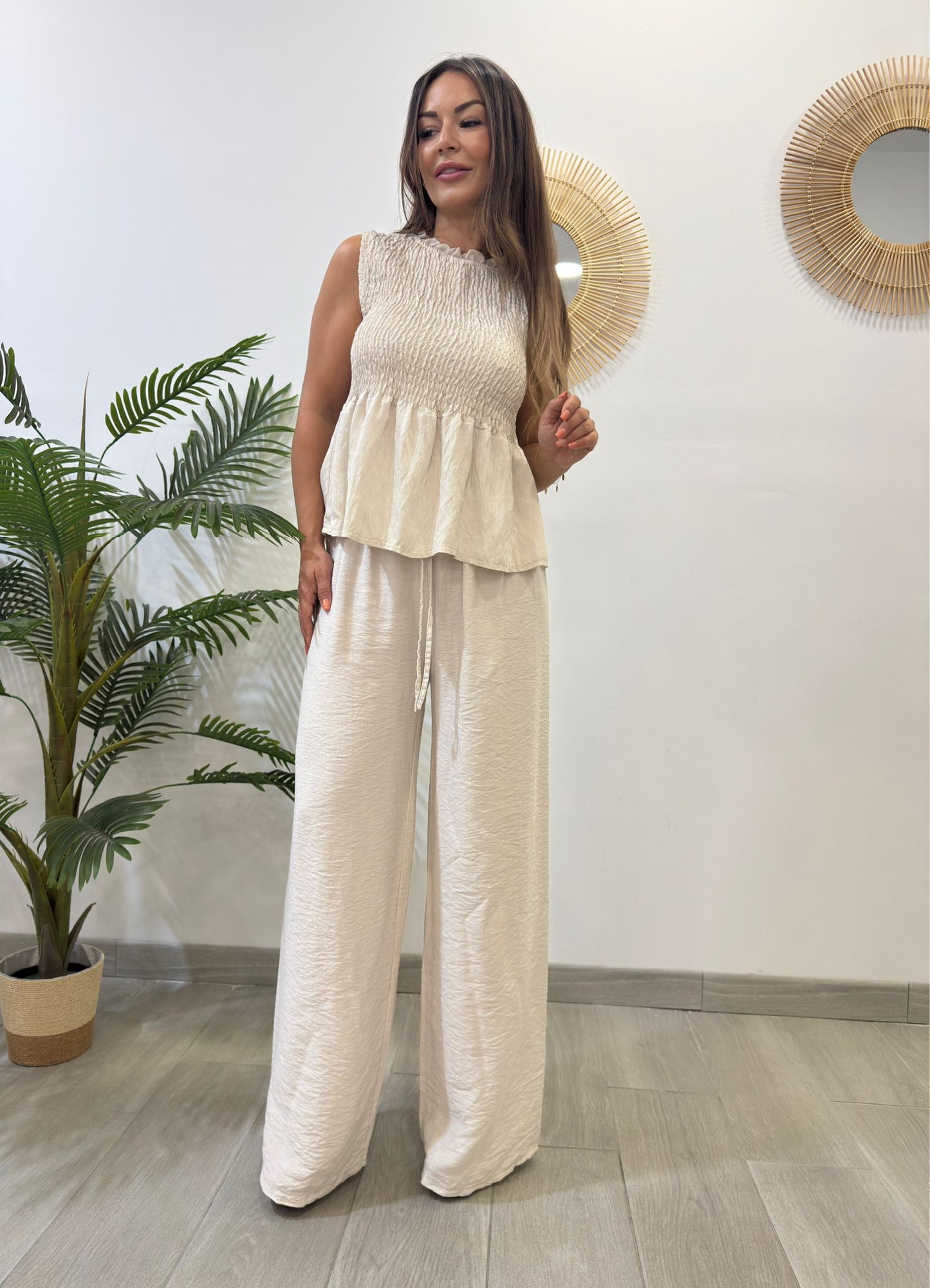 PANTALÓN EFECTO LINO BEIGE