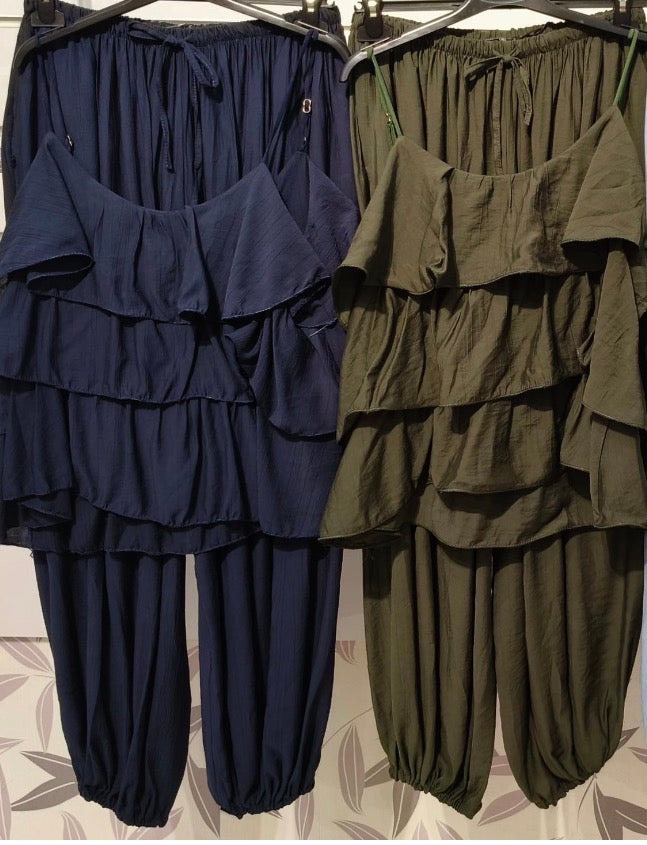 CONJUNTO PANTALÓN BOMBACHO TOP VOLANTES