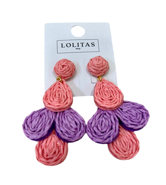 PENDIENTES RAFIA PÉTALOS ROSA/MALVA