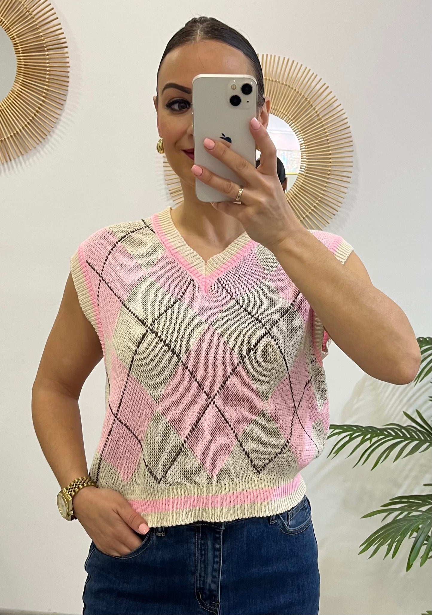 CHALECO ROMBOS ROSA/BEIGE