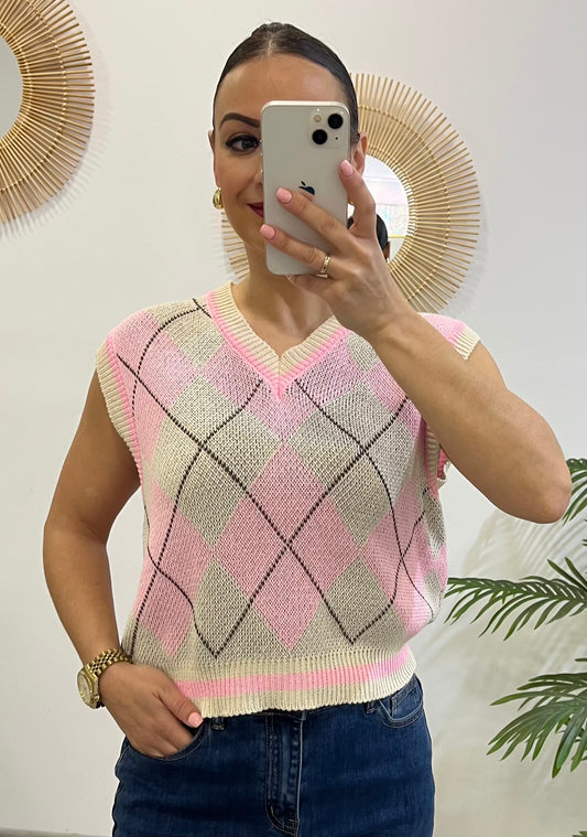 CHALECO ROMBOS ROSA/BEIGE