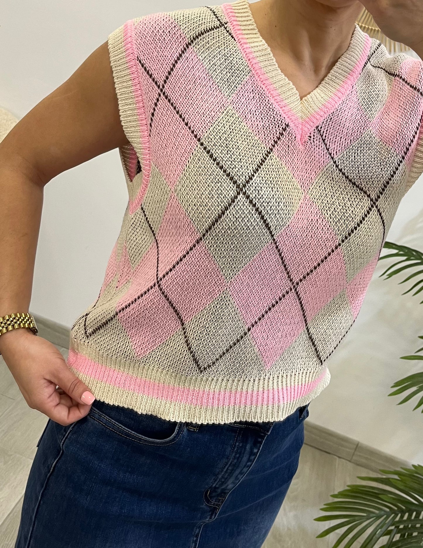 CHALECO ROMBOS ROSA/BEIGE