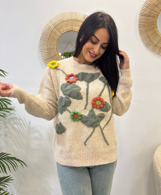 JERSEY FLORES RELIEVE BEIGE