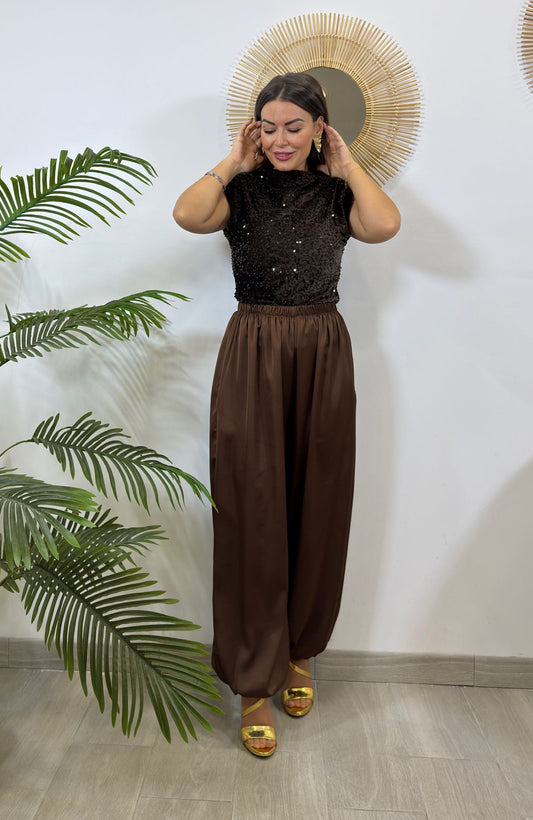 PANTALÓN BOMBACHO SATINADO MARRÓN