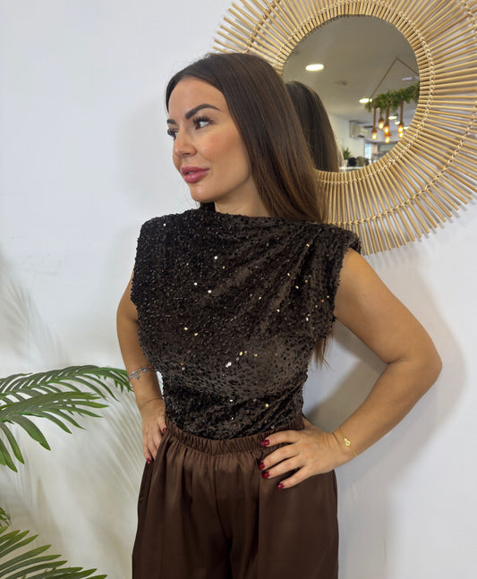 TOP TERCIOPELO LENTEJUELAS MARRÓN