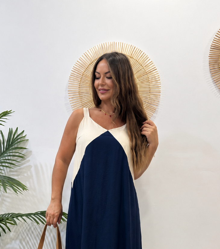 VESTIDO BICOLOR AZUL MARINO