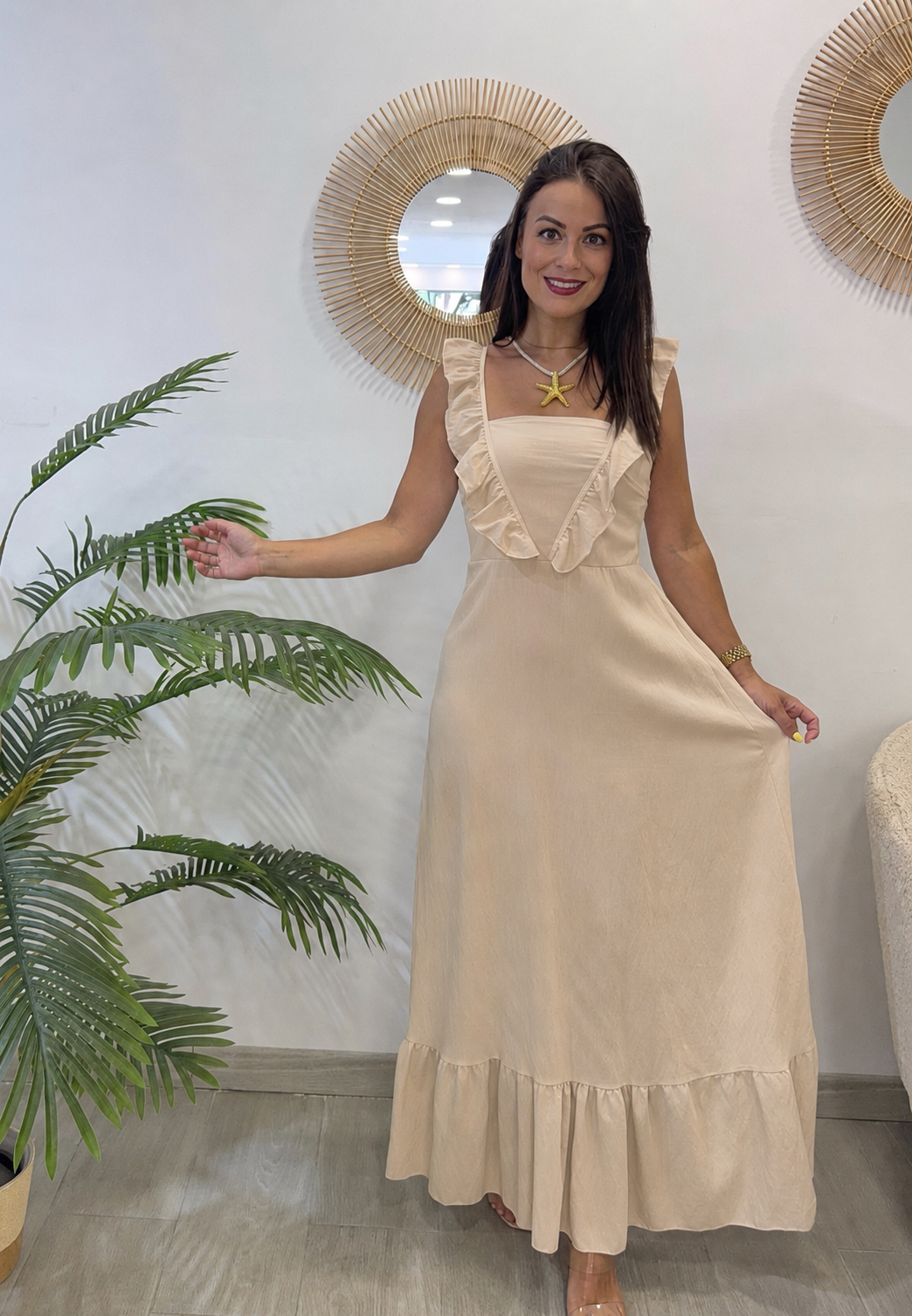 VESTIDO EFECTO LINO VOLANTES BEIGE
