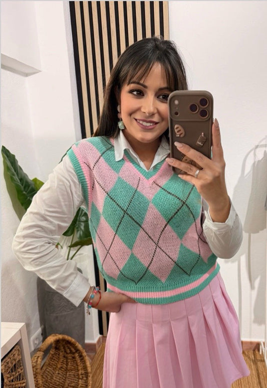 CHALECO ROMBOS VERDE/ROSA