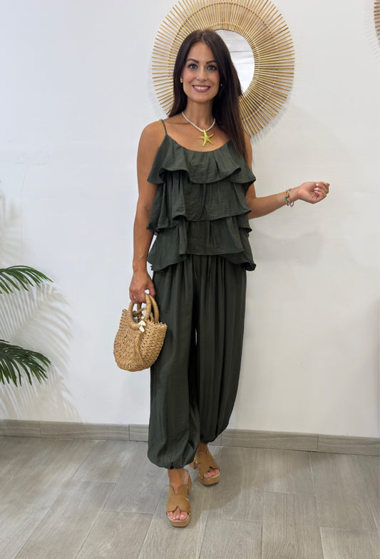 CONJUNTO PANTALÓN BOMBACHO TOP VOLANTES