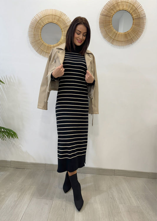 VESTIDO CUELLO VUELTO RAYAS NEGRO